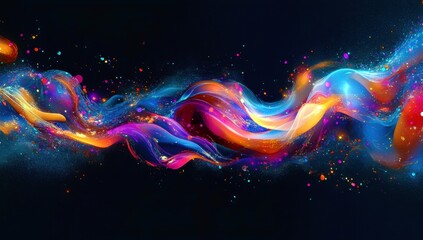 Poster - Colorful Abstract Wave Design with Flowing Gradient Effects and Vibrant Particles on a Dark Background