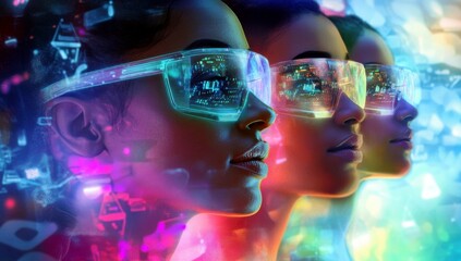 Poster - Futuristic Portrait of a Woman in Smart Glasses Surrounded by Colorful Digital Interfaces and Technology Concepts