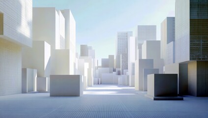 Poster - Abstract geometric cityscape featuring white minimalist buildings with varying heights and a bright sky, evoking a sense of modernity and tranquility