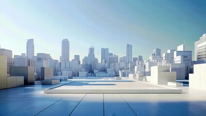 Poster - Modern Urban Skyline with Minimalist Architecture and Clear Blue Sky, Futuristic Cityscape with Abstract Geometric Shapes and Soft Lighting Effects