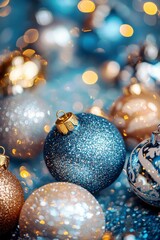 Poster - Sparkling Christmas Ornaments on a Glittering Surface with Beautiful Bokeh Background in Shades of Blue and Gold for Holiday Celebrations and Decorations