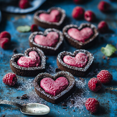 Wall Mural - Heart-Shaped Chocolate Tartlets with Raspberry Mousse Filling 