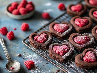 Wall Mural - Heart-Shaped Chocolate Tartlets with Raspberry Mousse Filling 