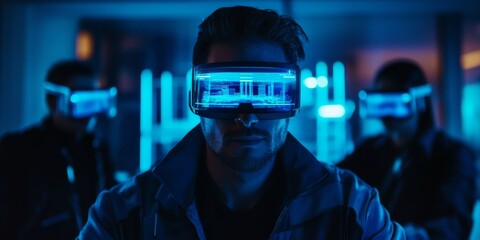 Poster - In a dimly lit, innovative office, a skilled team of engineers uses augmented reality glasses to collaborate on a holographic interface for planning the smart citys infrastructure