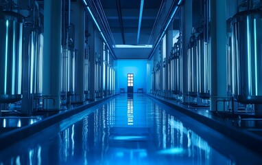 Poster - A futuristic industrial facility featuring high-tech machinery and blue lighting