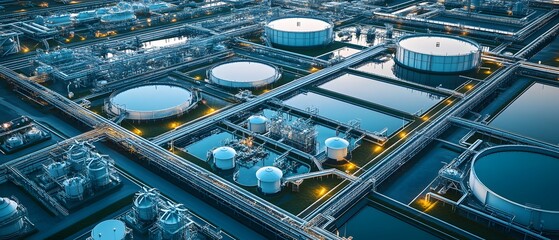 Poster - Aerial view of an industrial facility showcasing large storage tanks and pipelines illuminated at night