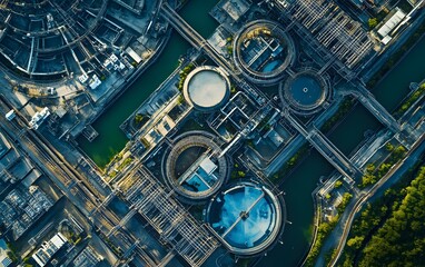 Poster - Aerial view of an industrial facility showcasing water treatment processes, featuring large circular tanks surrounded by machinery and greenery. A blend of technology and nature.
