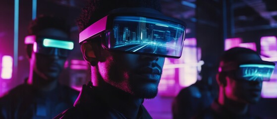 Poster - A diverse team of skilled engineers uses advanced augmented reality glasses to interact with holograms while planning smart city infrastructure development in an innovative environment