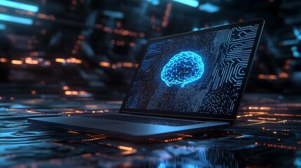 Laptop screen displaying futuristic digital data coding images