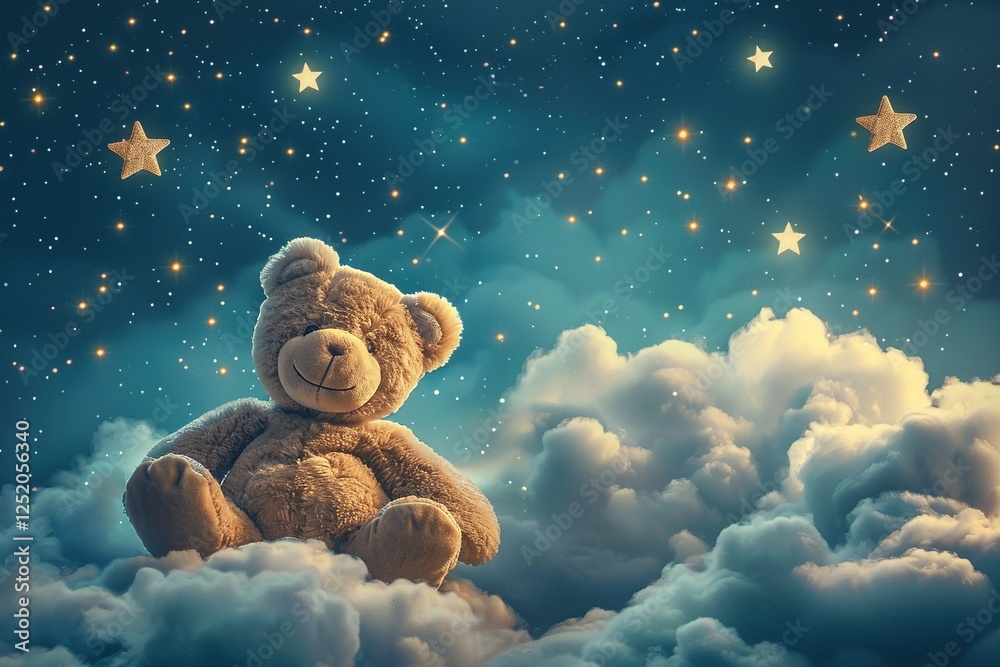 Adorable Teddy Bear Sitting on Fluffy Clouds Under a Starry Night Sky ...