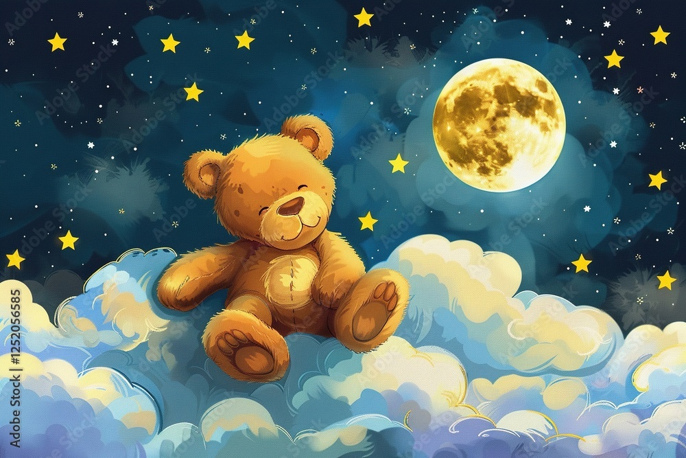 Adorable Teddy Bear Sitting on Fluffy Clouds Under a Starry Night Sky ...