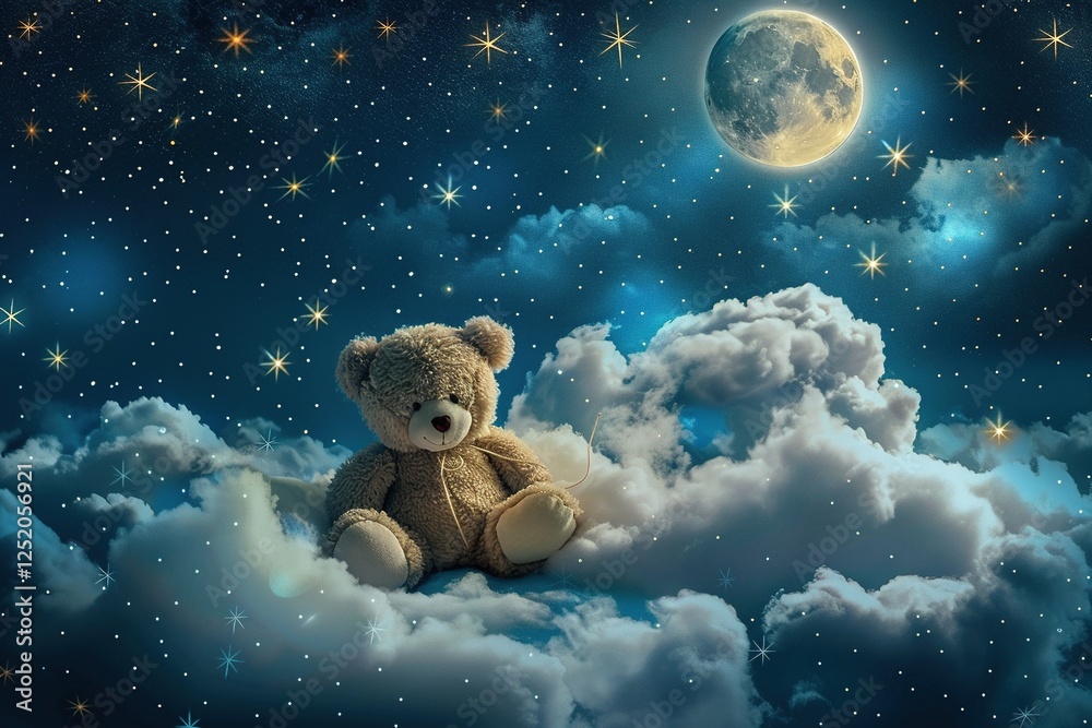 Adorable Teddy Bear Sitting on Fluffy Clouds Under a Starry Night Sky ...