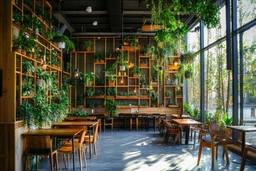 Wall Mural - Sunlit cafe, plants, wooden tables, interior, city view