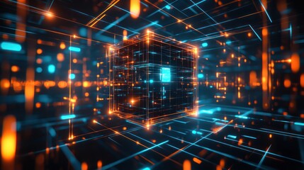 Abstract data processing concept. Cube of binary data zero-one digit glowing with red color on blue color computer circuit board. Tremendous data cause core of cube to overheat. Copy space available