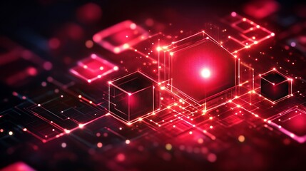 Red Illuminated Cubes Connected By Glowing Lines