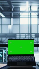 Poster - Vertical video Coworkers in data center using mockup laptop, integrating green technologies. IT experts in server room using chroma key notebook to implement sustainable energy solutions, camera B