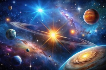 deep space galaxy scene with stars, planets, and a large central star, interstellar, celestial