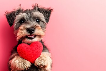 Commercial conceptual art creative pattern. Lakeland terrier - my cherished dog. Cute lakeland terrier canine with companion toy red heart - emblem of love, funny greeting card. Romantic pets.