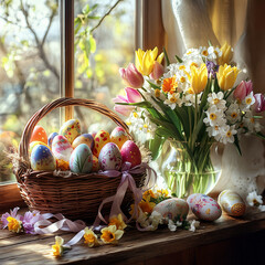 Decorative Easter eggs in a basket with fresh flowers