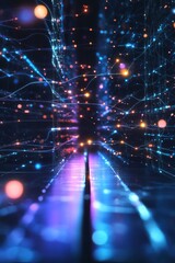 Fototapete - An exciting and vibrant digital scene that symbolizes various tech processes including AI, data transfer, and neural networks, making it ideal for captivating educational and scientific presentations