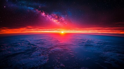 Wall Mural - Aerial view of sunrise over clouds and Milky Way galaxy.  Possible use Background for space exploration themes