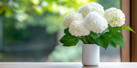 Poster - White Hydrangea Bouquet in Vase on Wooden Table