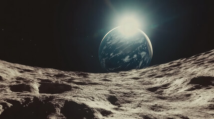 majestic view of earth rising over the lunar surface illuminated by sunlight in deep outer space exp