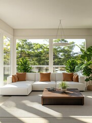 Wall Mural - This modern living room features large windows that allow plenty of natural light, enhanced by lush greenery and stylish furnishings, creating a harmonious and inviting atmosphere