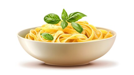 Bowl of fresh pasta garnished with basil leaves on a natural wooden table setting