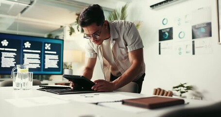 Aufkleber - Man, tablet and reading with review at startup for accounting, notification and graphs with application. Person, digital touchscreen and process for audit, feedback or charts with paperwork in office