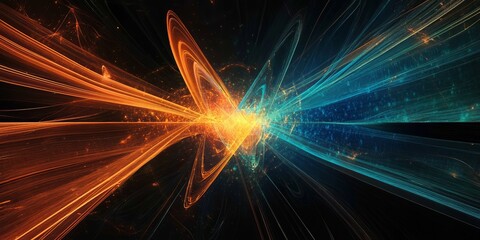 Poster - This is an abstract piece of digital art that showcases radiant streaks of light coming together and converging, which strongly evokes feelings of speed and dynamic motion on a dark backdrop