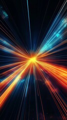 Poster - This is an abstract digital artwork that vividly showcases vibrant light streaks that converge beautifully at a vanishing point. It effectively evokes the sensations of speed and dynamic movement