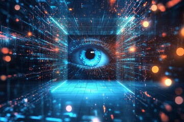 Poster - Delve into a fascinating visual representation of technology, which highlights various complex processes including AI, neural networks, efficient data transfer, and comprehensive digital archives