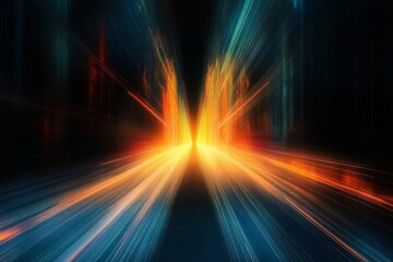 Poster - This abstract digital artwork features vibrant light streaks converging at a vanishing point, evoking speed and movement against a dark background, creating an engaging visual experience