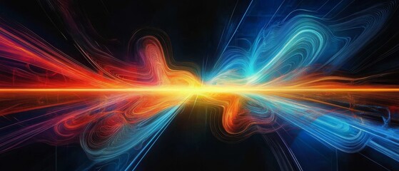 Poster - This digital artwork features vibrant light streaks converging at a point, capturing movement and speed in a colorful display against a dark backdrop for an engaging visual experience