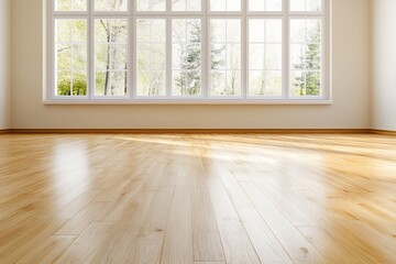 Poster - Empty room with hardwood floor and large window overlooking trees. Interior design. Use for real estate or interior design