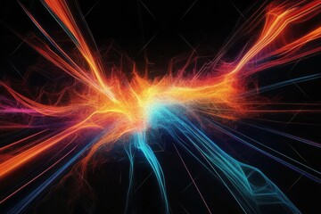 Poster - This abstract digital artwork features vivid light streaks converging at a central point, creating a dynamic sense of movement and energy against a dark backdrop that highlights the brilliant colors