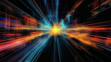 Poster - This stunning digital artwork showcases vibrant light streaks converging at a central point, evoking speed and dynamic movement against a deep dark background that enhances its visual impact