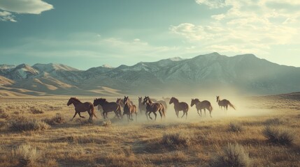 Naklejka na meble Wild Mustangs Galloping Across the Majestic Sierra Nevada Mountains at Sunset