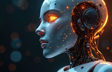 Poster - Close-up of AI robotic face with silver skin, orange glowing eyes. Futuristic tech concept of digital intelligence, machine learning, cyborg, android, modern technology advancement.