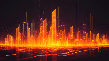 A vibrant digital skyline glows in orange against a dark backdrop, resembling a futuristic cityscape or soundwave visualization. Soundwave Architecture. Illustration