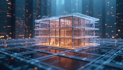Poster - Illustration of intelligent construction with building information modeling. BIM tech concept with architects, engineers design. Three-dimensional visualization, simulation, analysis. Optimization,