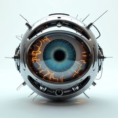 Poster - Illustration of robotic eye with metallic details glowing circuitry, represents tech, bio intersection. AI generative design of vision, machine, cyborg. Surveillance, security system, digital