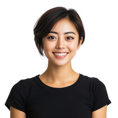 Wall Mural - Friendly asian woman with short hair and black shirt smiling isolated on white background.