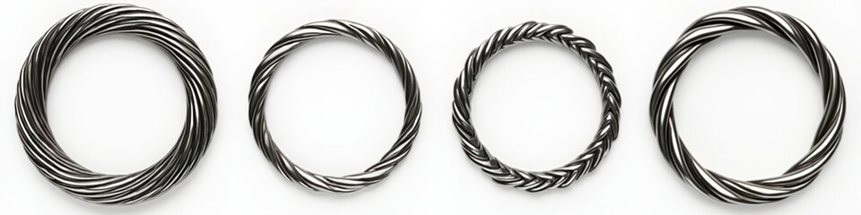 Leinwandbilder - Set of twisted metal rings in chrome, silver color on white background. Abstract frame border concept. Circle, round shape, modern design. Empty space for text.
