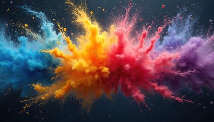 Poster - Illustration shows explosion of colorful paint powder smoke on dark background. Abstract pattern of multicolored explosion, burst. Celebration holi festival template for web design, creative