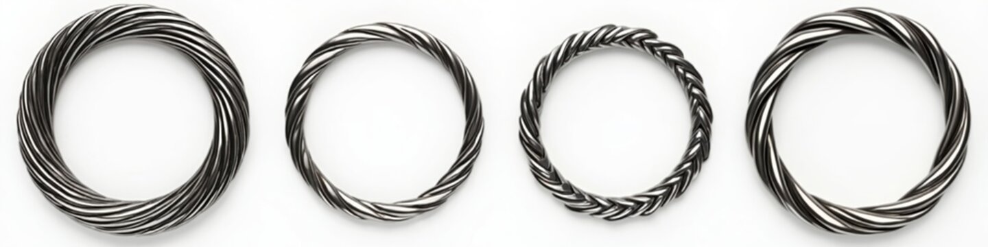 Set of twisted metal rings in chrome, silver color on white background. Abstract frame border concept. Circle, round shape, modern design. Empty space for text.