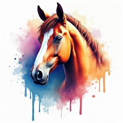 Watercolor horse portrait painting, realistic wild animal illustration on white background with colorful drops. Brown mare with bridle, abstract painting style, hand drawing, colorful painting for