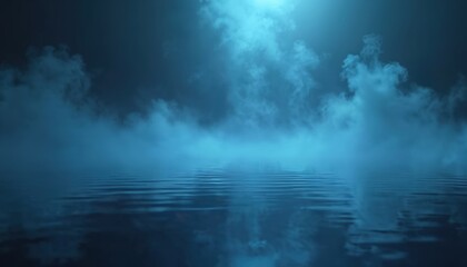 Poster - Illustration of blue glowing mist over dark water. Magic haze clouds cover night lake. Mysterious vapor or fog spreading. Spooky natural scenery, environmental phenomena in 3D perspective.
