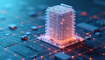 Poster - 3D model wireframe building on blue motherboard background. Digital construction, BIM tech concept. Visualization architecture engineering urban planning with datum innovation.